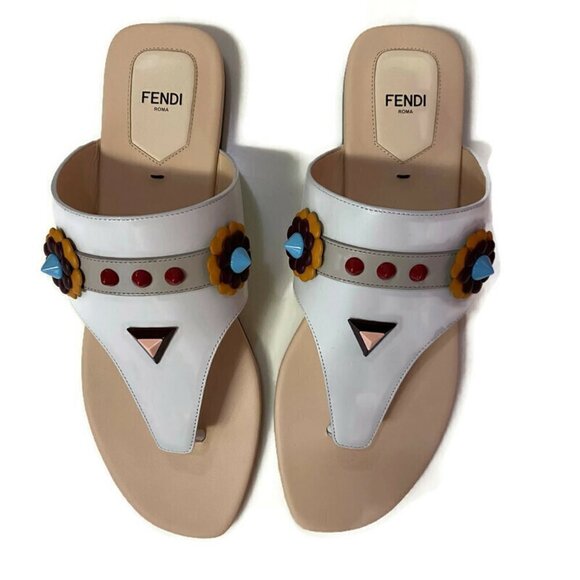 Fendi Shoes - Fendi White Leather Flowerland Thong Sandal